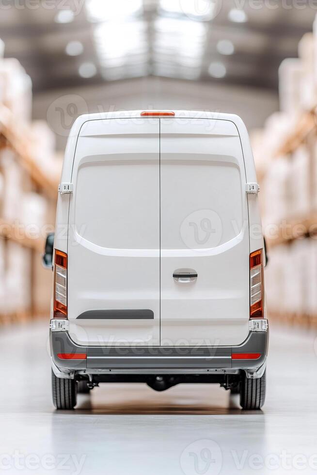 A white commercial delivery van from the rear, highlighting the spacious blank area ideal for branding. The soft-focus warehouse background enhances the corporate theme photo