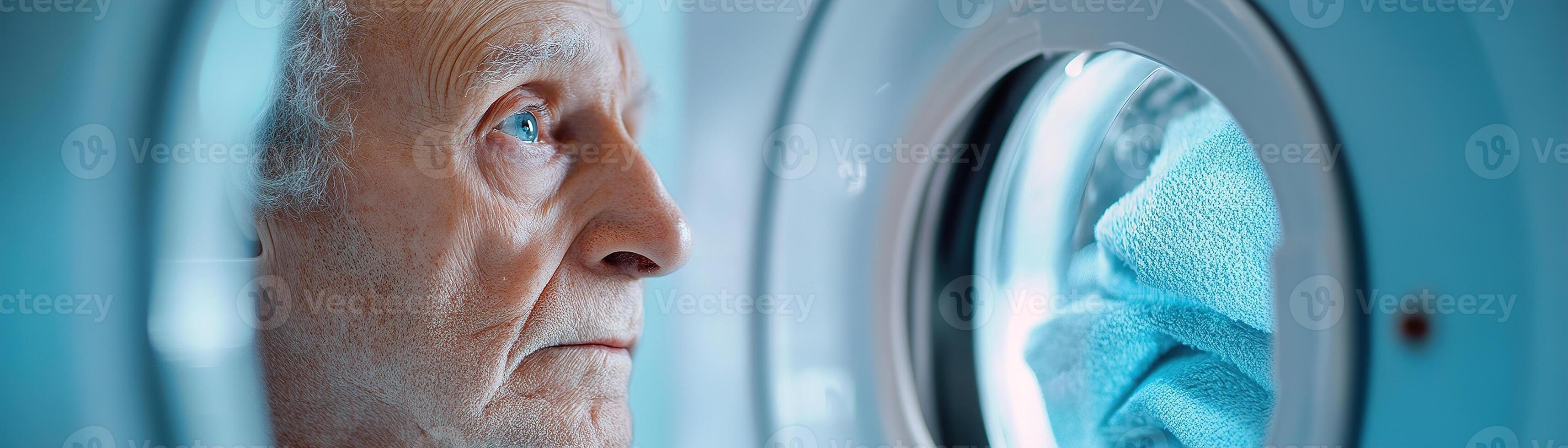 An elderly man with deep wrinkles and tired eyes observes the hypnotic motion of clothes inside a laundromat dryer. The soft focus captures his contemplative mood photo
