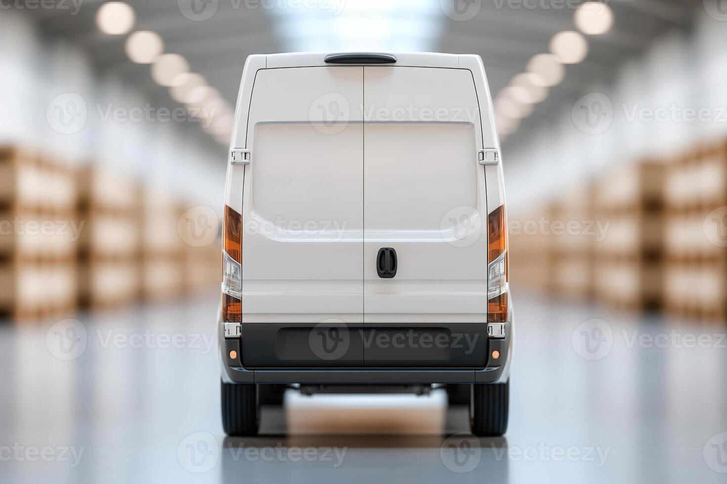 A white commercial delivery van is showcased from the rear, featuring a large blank back glass and doors, ideal for fleet branding in a softly blurred warehouse environment photo