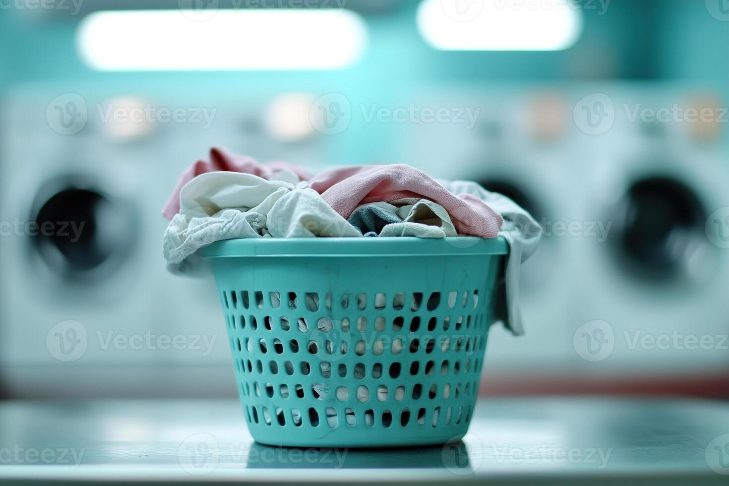A worn plastic laundry basket rests on a table in an empty laundromat, overflowing with crumpled clothes. Overhead, a flickering light adds to the solitary atmosphere of the space photo