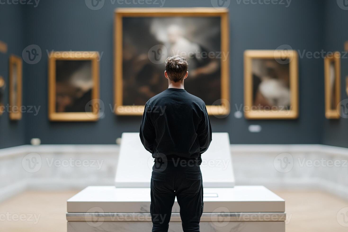 A thief in janitorial attire replaces a valuable painting with a replica in a dark museum, creating a tense atmosphere filled with high-stakes intrigue and meticulous planning photo
