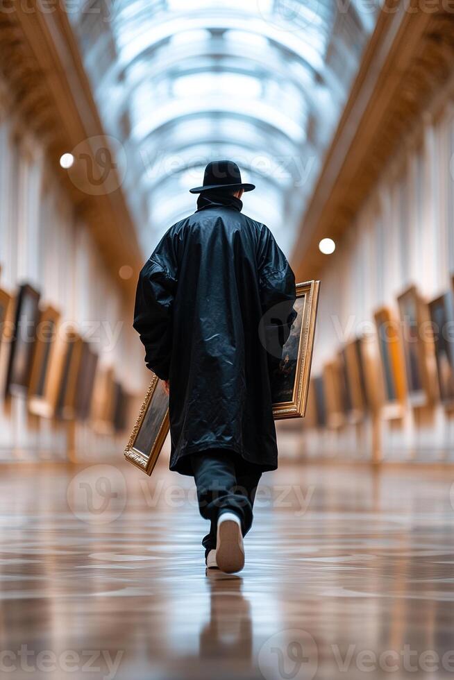 Dressed in all black, a thief moves stealthily through a dark art museum, clutching a stolen framed painting. Dramatic shadows enhance the cinematic tension of the moment photo