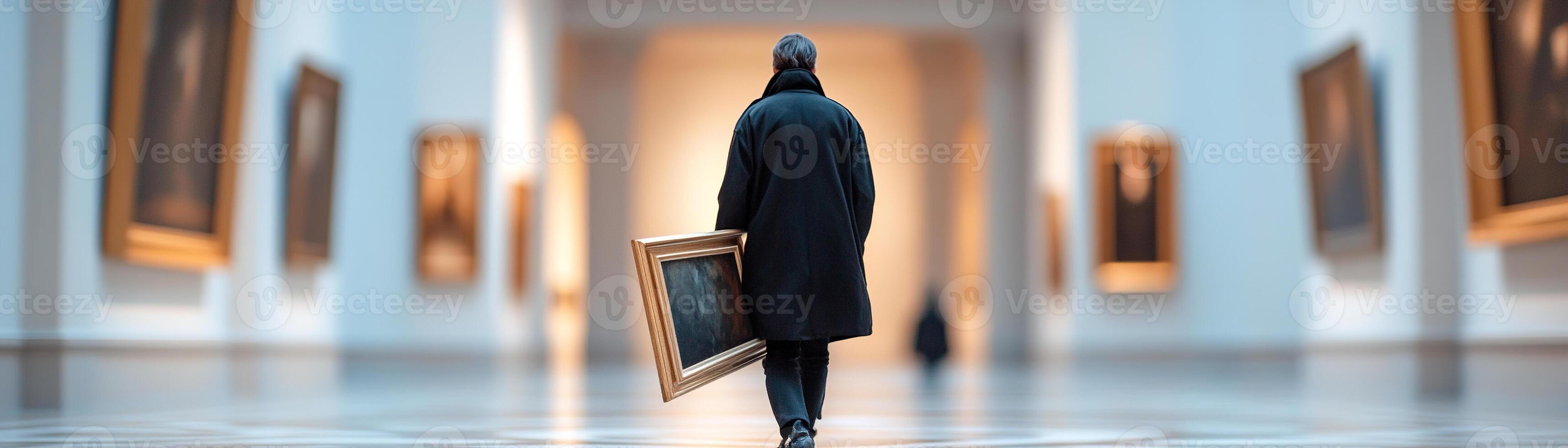 A thief dressed in black moves stealthily in a dimly lit art museum, clutching a stolen framed painting while shadows deepen the atmosphere of high-stakes crime photo