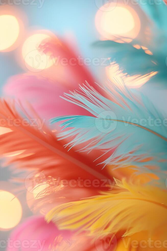 Bright, feather-like streamers in red, yellow, green, and blue capture the essence of a tropical carnival. Soft carnival lights and palm trees enhance the festive spirit, inviting celebration photo