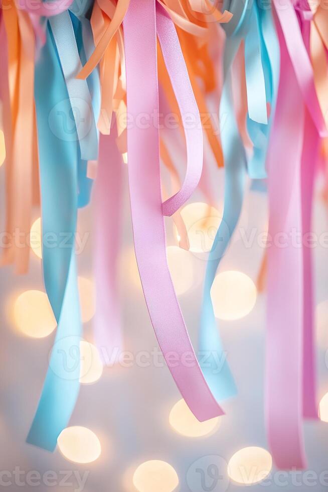 Brightly colored ribbons and streamers dangle from above, enhancing the festive mood. Soft bokeh lights in the background create a playful, dynamic ambiance ideal for a celebration photo