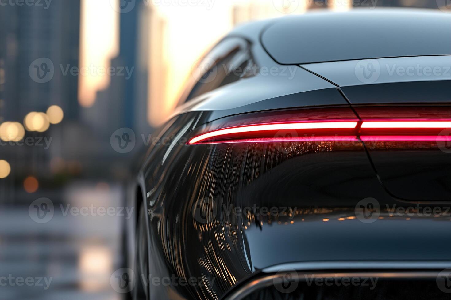 A sleek black sedan is parked in a bustling urban environment at sunset. The car's rear features striking light fixtures that complement the modern architecture and reflective surfaces around photo
