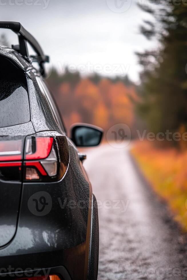 A vehicle is parked near a winding, partially wet road lined with colorful autumn trees. The sky is overcast, hinting at possible rain, creating a serene atmosphere photo