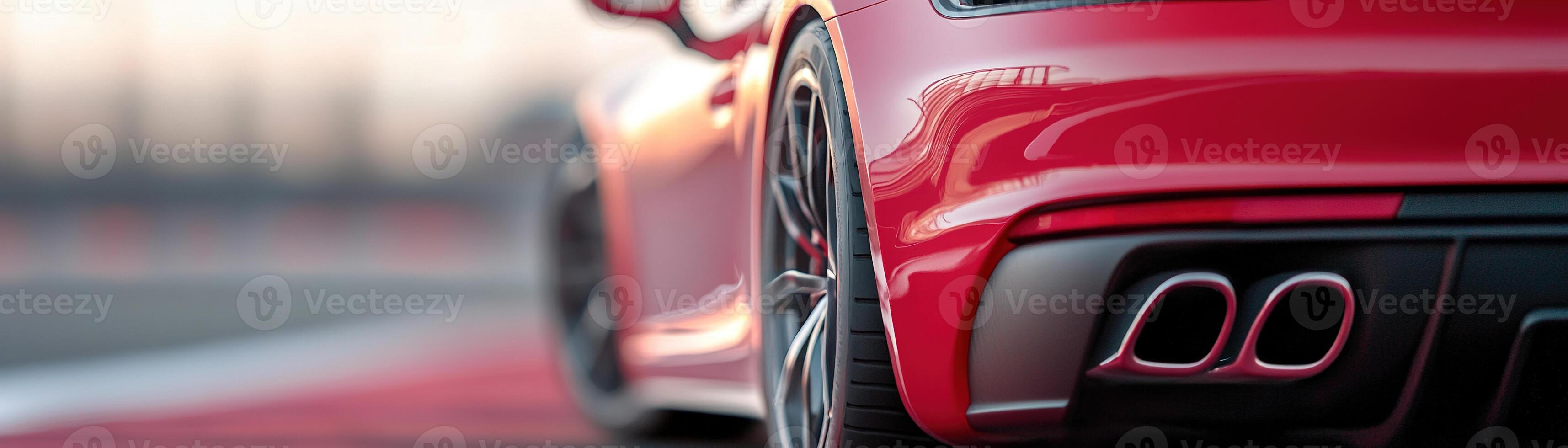 A vibrant red sports car is positioned at a racetrack, highlighting its smooth curves and aerodynamic features. The sun sets in the background, casting a warm glow photo