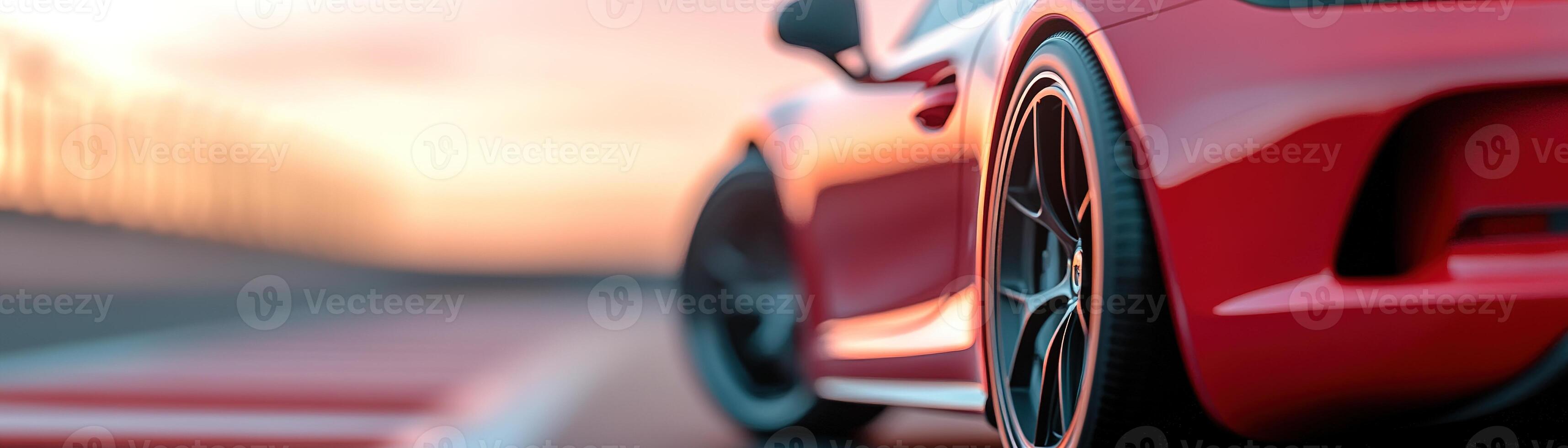 A vibrant red sports car is parked on a racetrack as the sun sets, illuminating the sky with warm hues. The focus highlights the sleek design and wheels photo