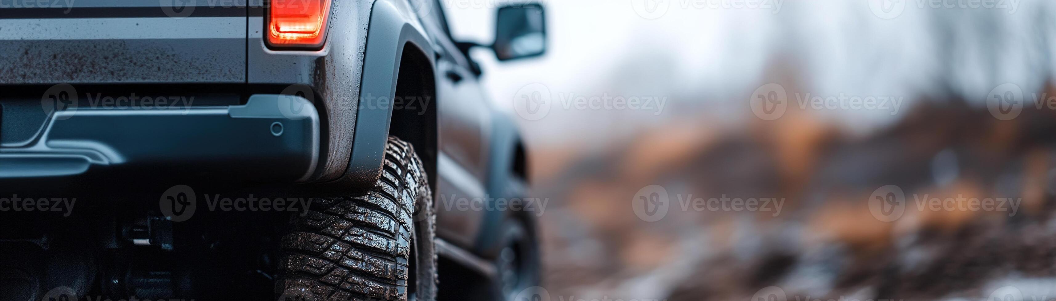 A rugged truck with muddy tires is poised on challenging terrain as the overcast sky looms overhead photo