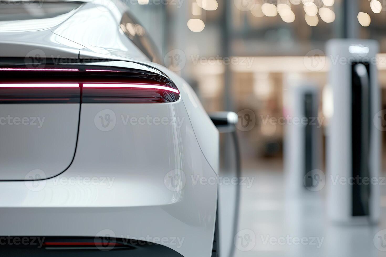 A sleek electric vehicle is plugged into a charging station in a contemporary space featuring ambient lighting. The vehicle's design highlights its innovative technology and sustainability photo