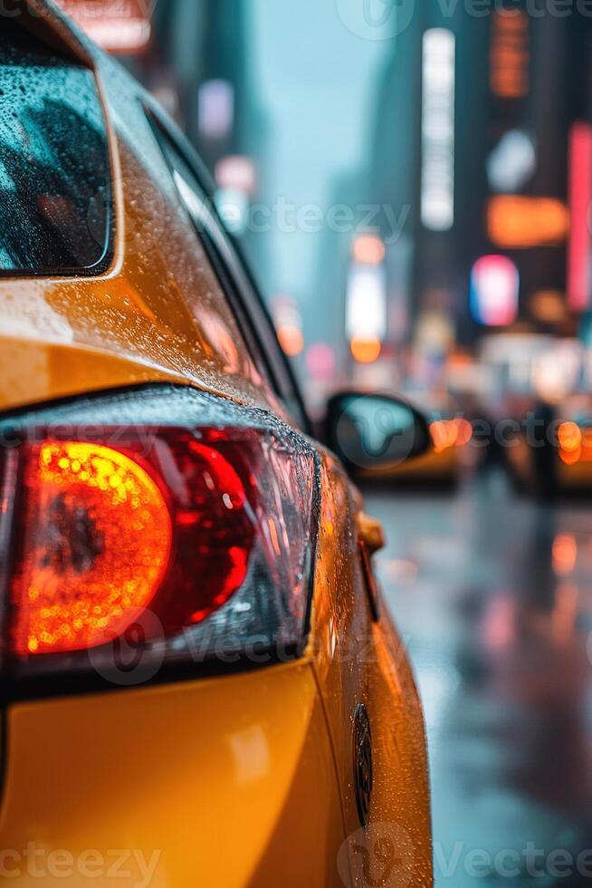 A yellow taxi gleams with raindrops as it waits in Times Square. Bright neon lights reflect on wet streets, creating a lively urban atmosphere during the evening photo