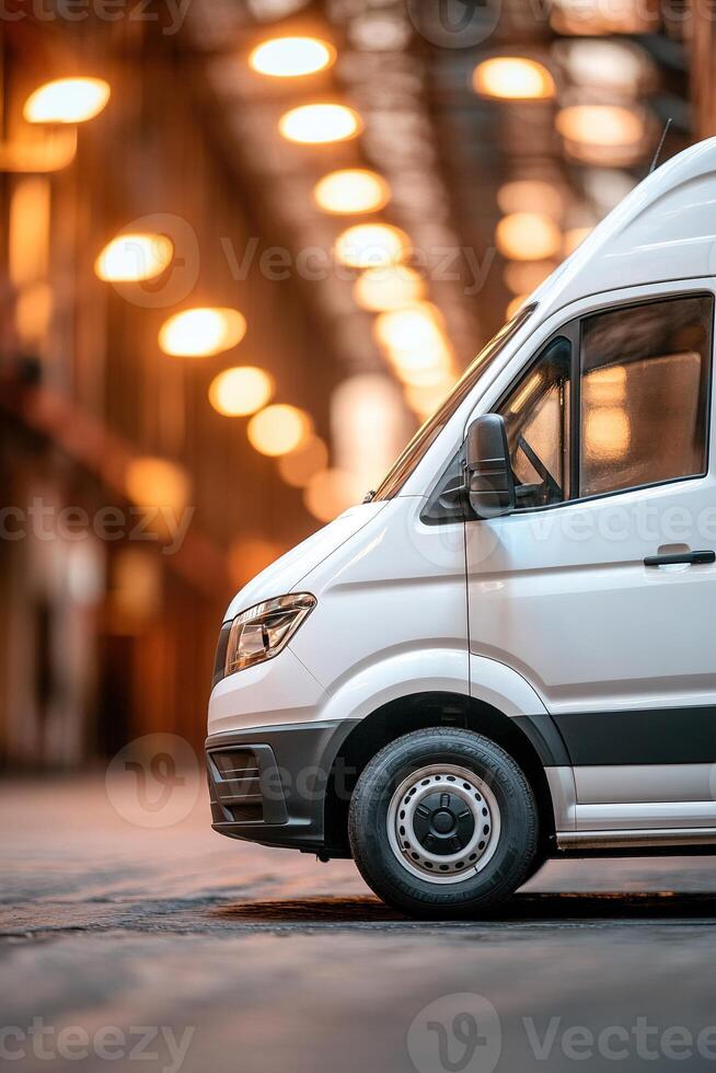 A sleek white van stands parked inside an industrial warehouse, highlighted by warm overhead lights photo