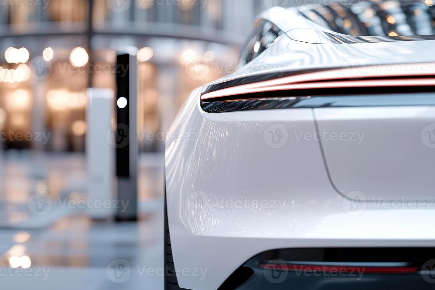 A modern electric car stands elegantly in a contemporary automotive showroom, showcasing its sleek design and advanced features under stylish lighting that enhances its appeal photo
