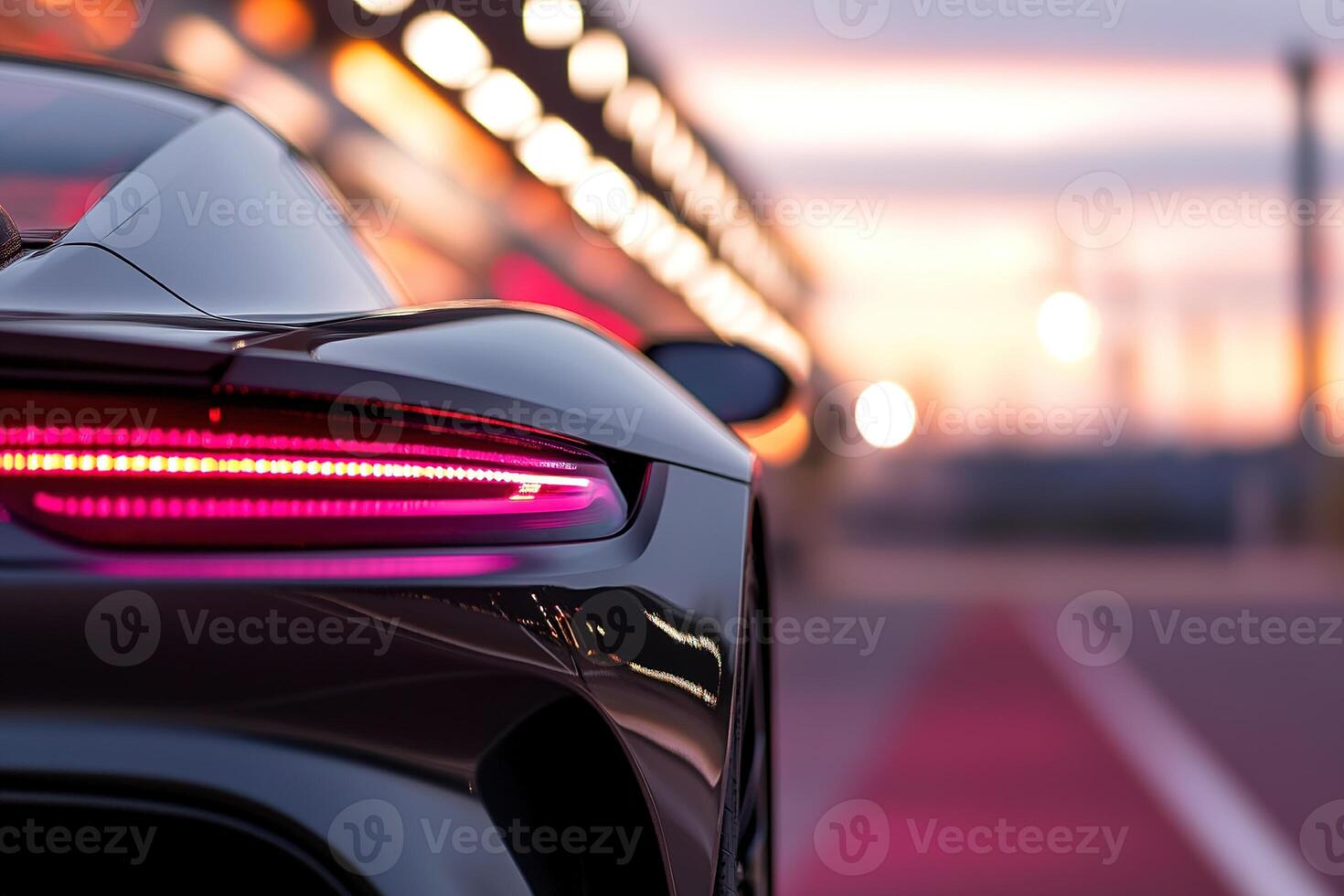 A sleek black sports car is parked on a racetrack, showcasing its elegant design amidst a stunning sunset. Bright lights enhance the dynamic atmosphere of the scene photo
