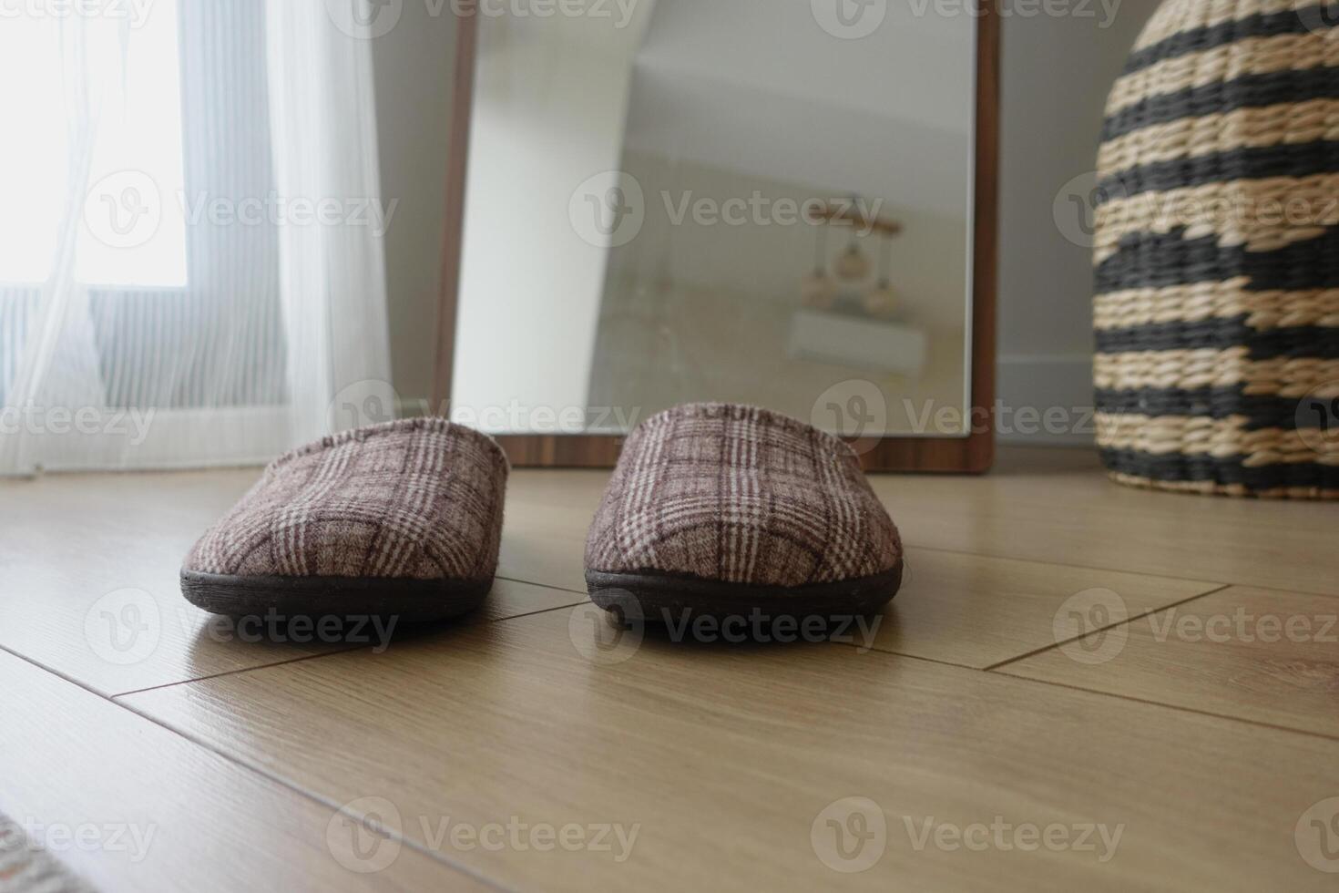Cozy slippers placed in front of a mirror in a bright room photo