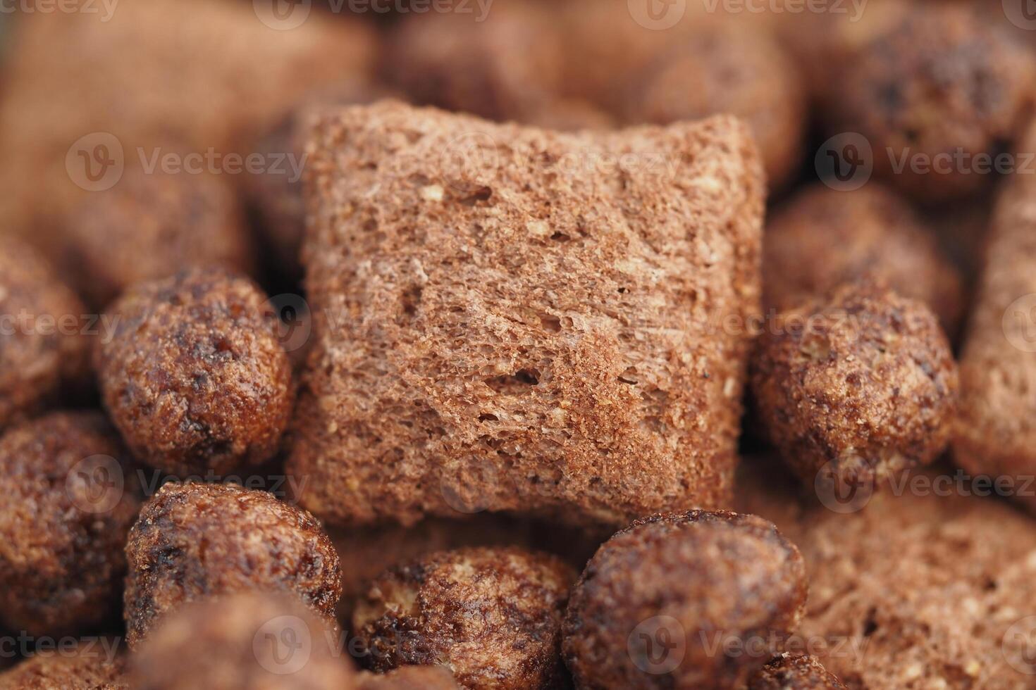 Chocolate cereal pieces in a close-up view for breakfast enjoyment photo
