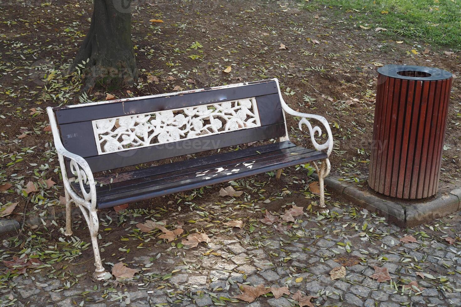 Park bench and waste bin surrounded by fallen leaves in autumn photo