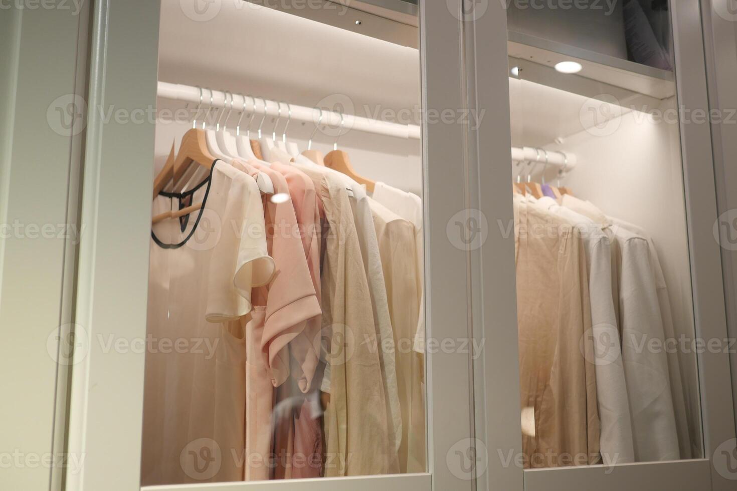 Stylish clothing collection organized in a modern wardrobe cabinet photo