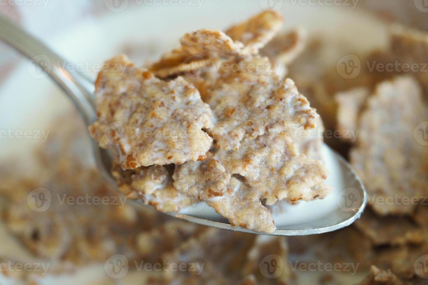 Breakfast cereal on a spoon with milk and flakes photo