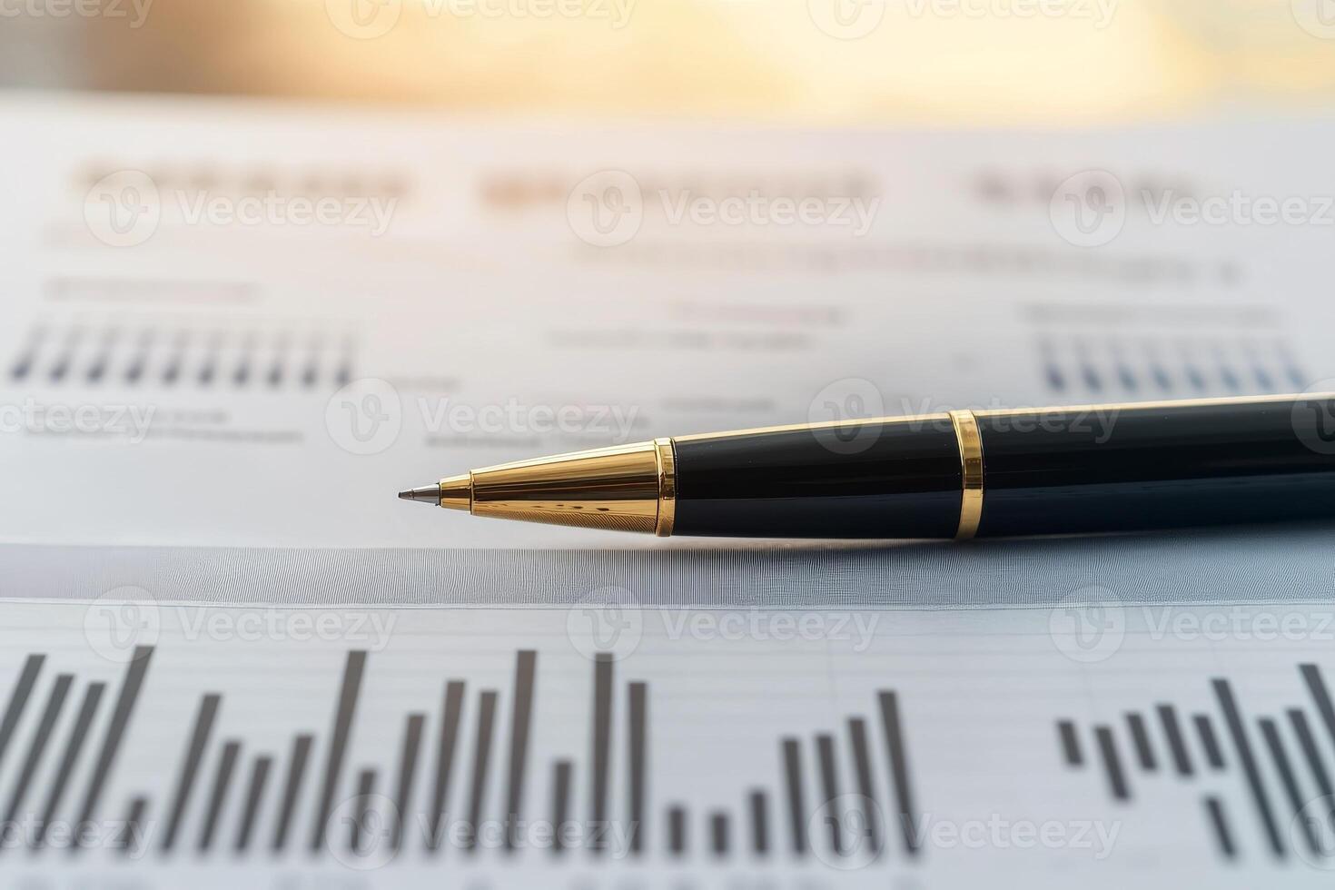 A close-up of a pen resting on financial documents featuring graphs and statistics, symbolizing business analysis and decision-making. photo