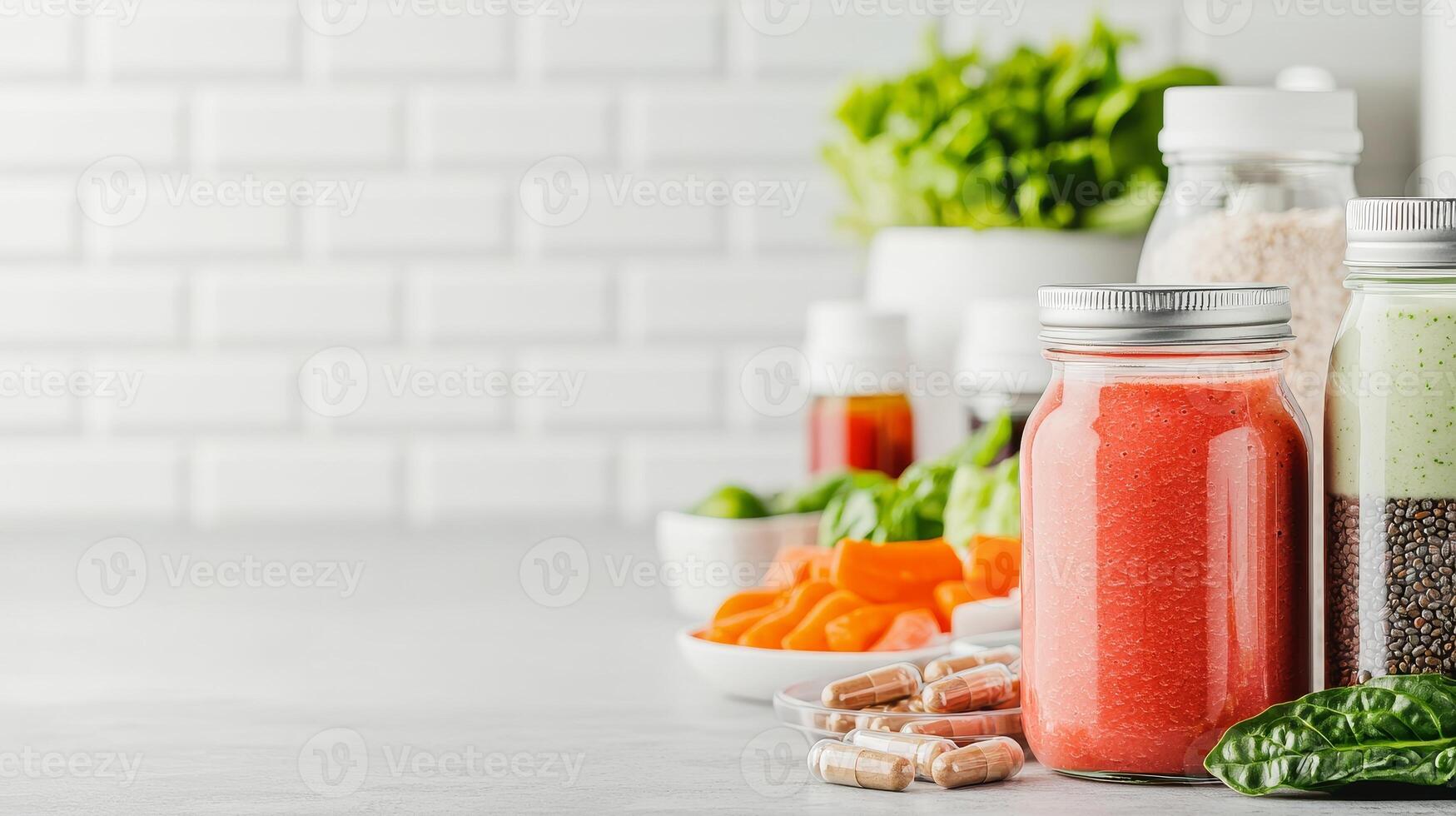 A vibrant display of healthy smoothies, fresh vegetables, and supplements, emphasizing nutrition and wellness in a bright, clean kitchen setting. photo
