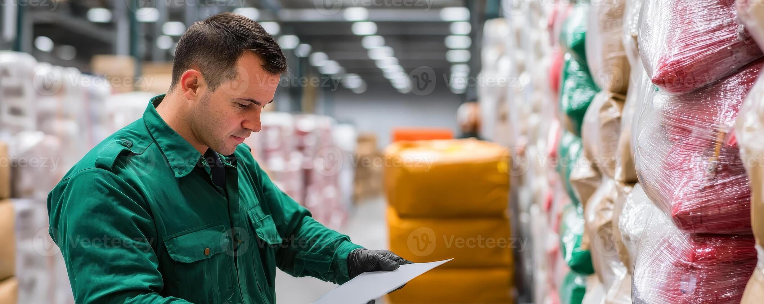 A warehouse worker checks inventory on a clipboard while surrounded by stacked materials in a well-lit storage area. photo