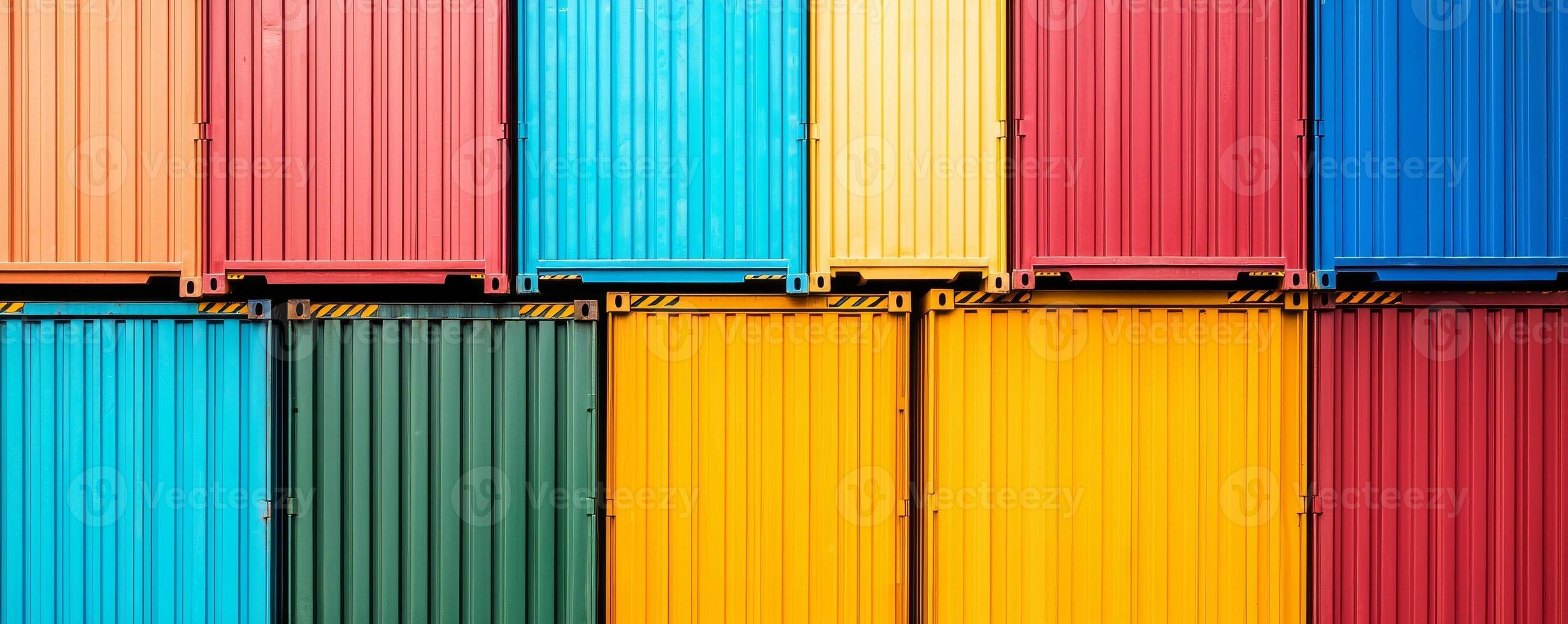 A vibrant arrangement of colorful shipping containers stacked together, showcasing a variety of hues and patterns. photo