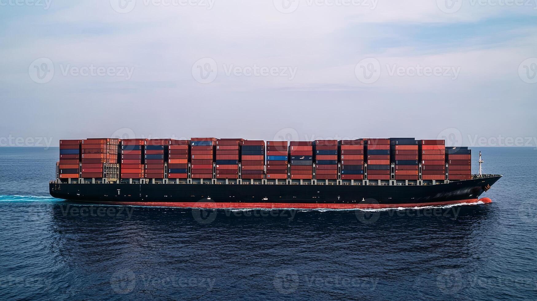 A large cargo ship filled with colorful containers sails through calm blue waters under a clear sky. photo