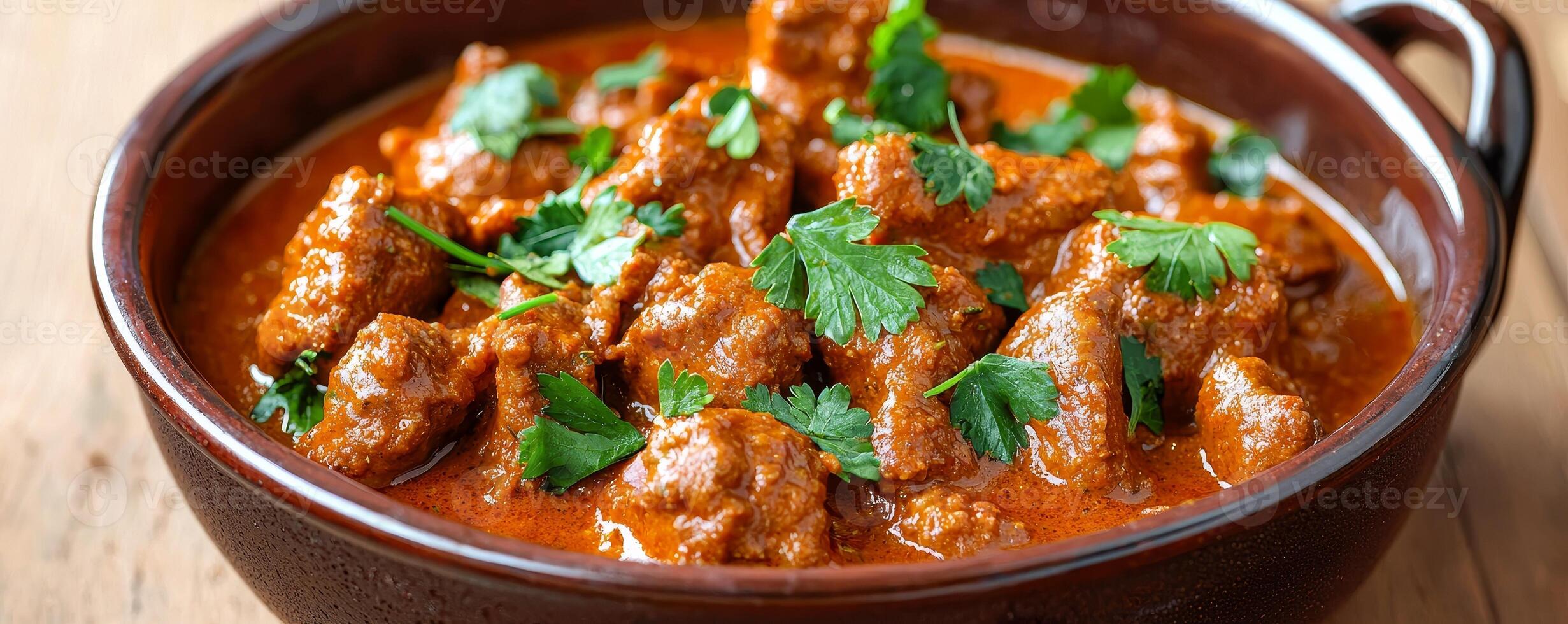 Plant-based ethics concept. A rich, savory meat dish served in a bowl, garnished with fresh cilantro, showcasing a vibrant red sauce. photo