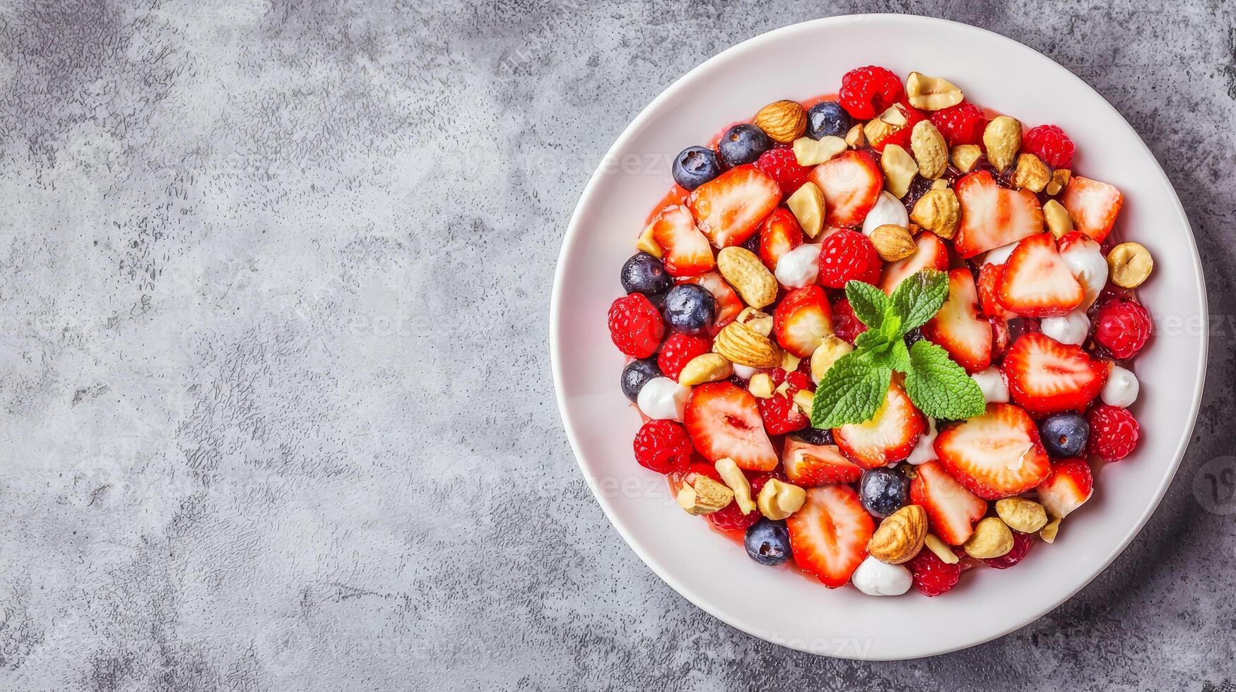 Plant-based ethics concept. A colorful bowl filled with strawberries, blueberries, raspberries, and nuts, garnished with fresh mint leaves on a textured gray surface. photo