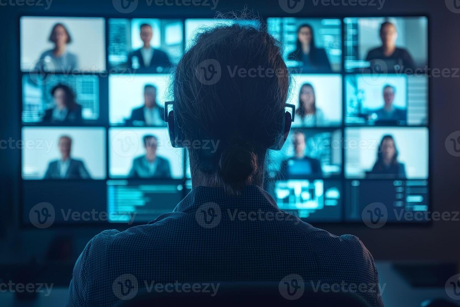 Virtual Teams efficiency concept. Person with headphones observing multiple conference screens in a modern workspace. photo