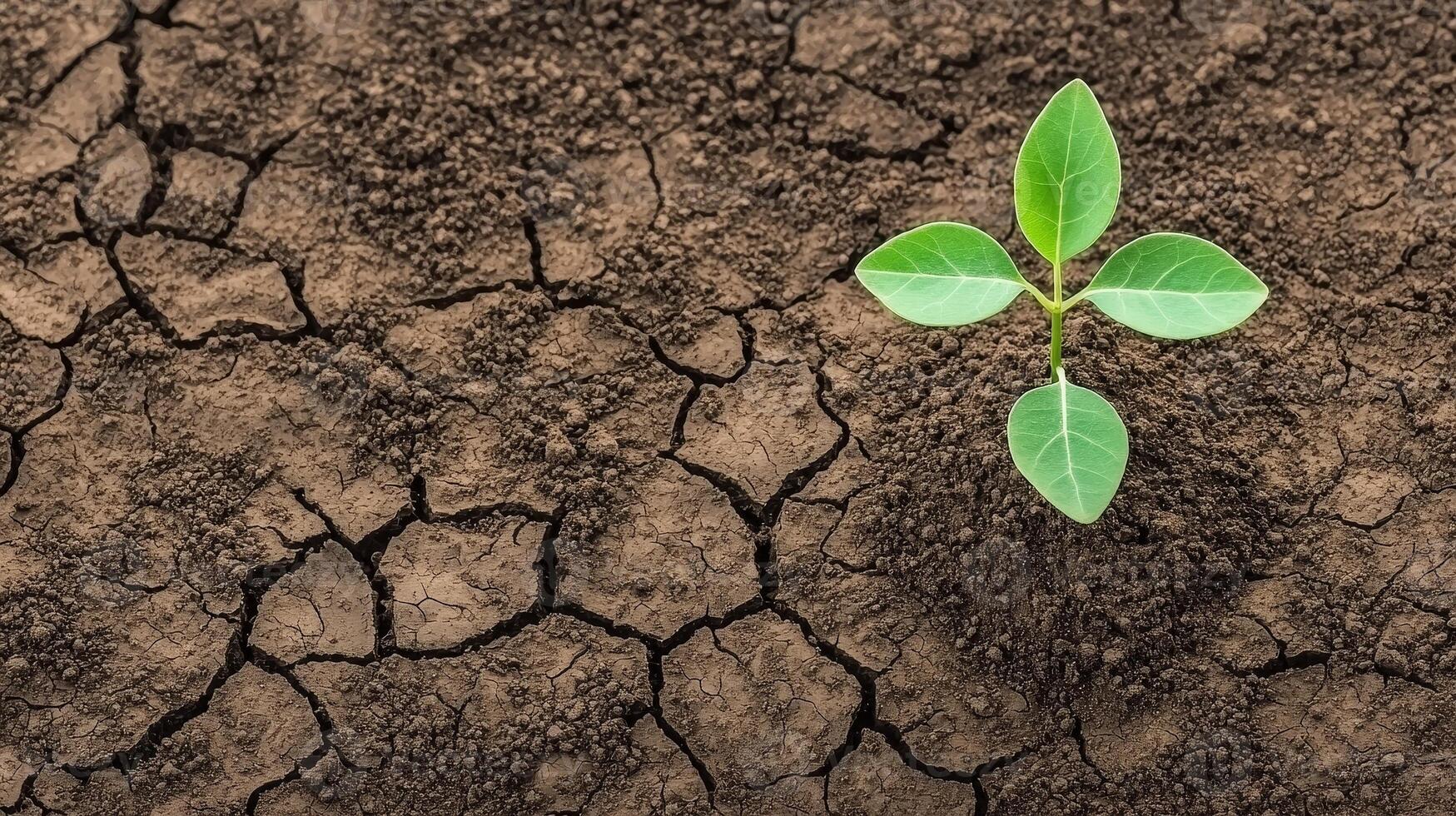 Growth mindset adaptability concept. A small green plant grows from dry, cracked soil, symbolizing resilience and hope. photo