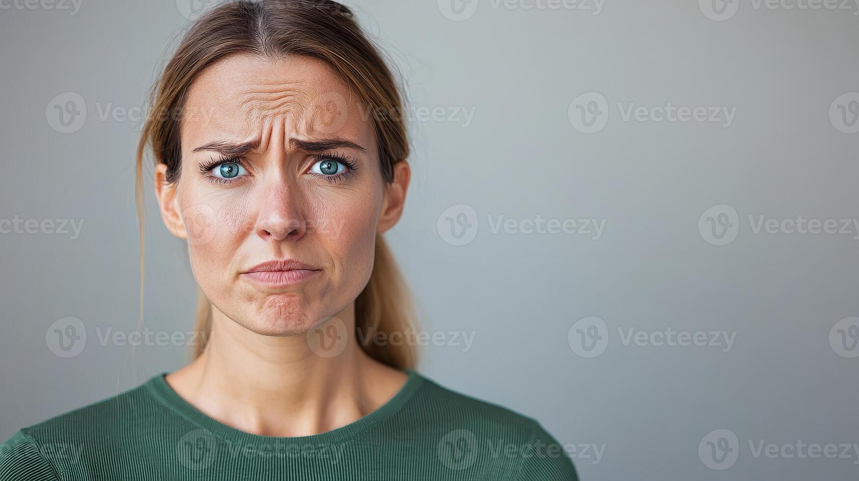 A concerned woman displays a furrowed brow, reflecting feelings of worry or confusion against a neutral background. photo