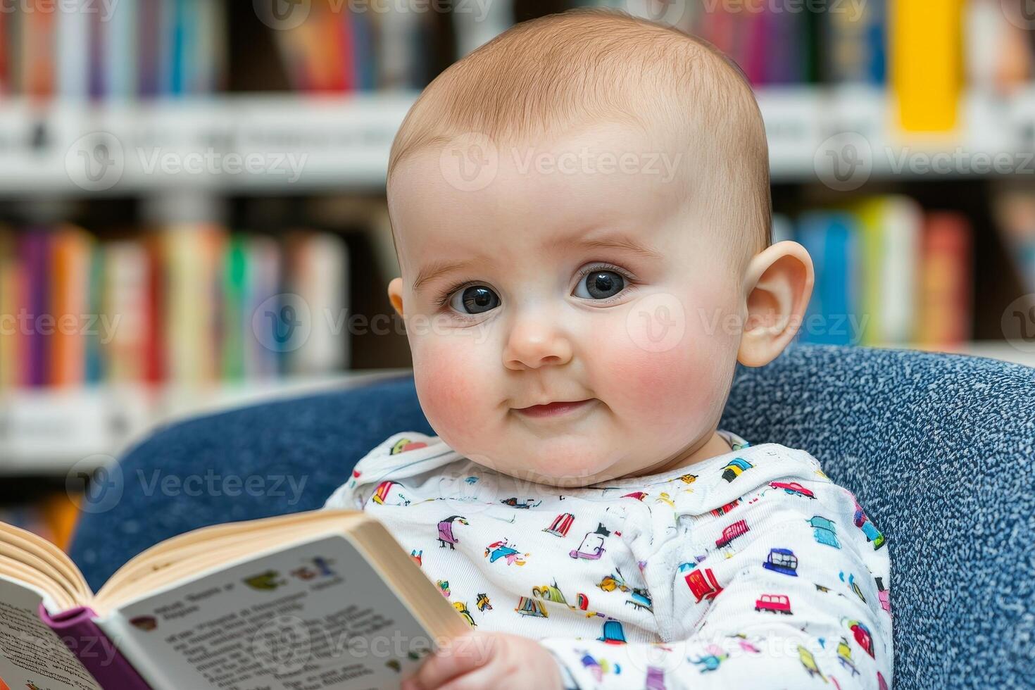 A cute baby sits comfortably in a chair, reading a book, surrounded by shelves filled with colorful books. photo