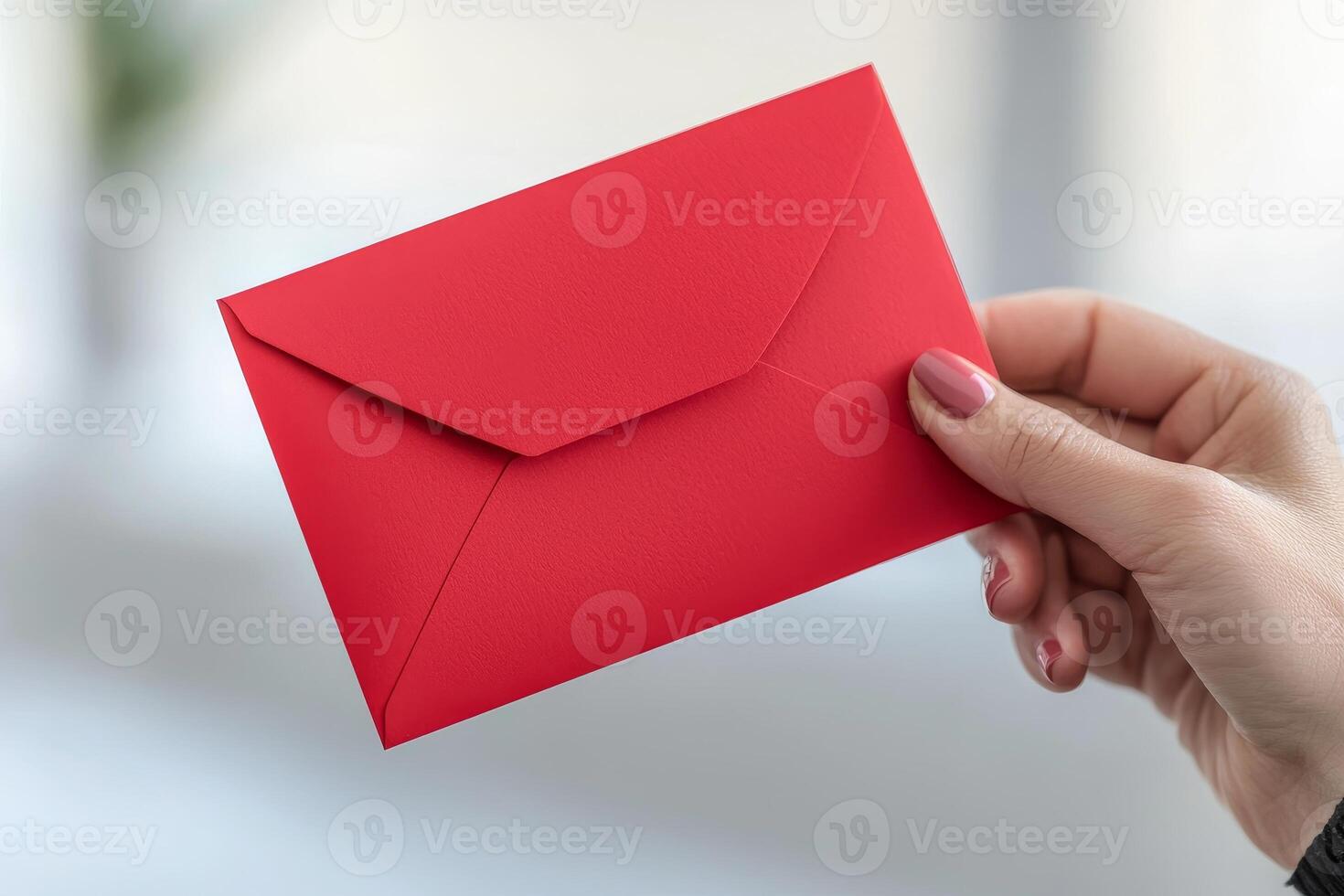 A hand holding a vibrant red envelope, suggesting the excitement of sending or receiving a special message. photo