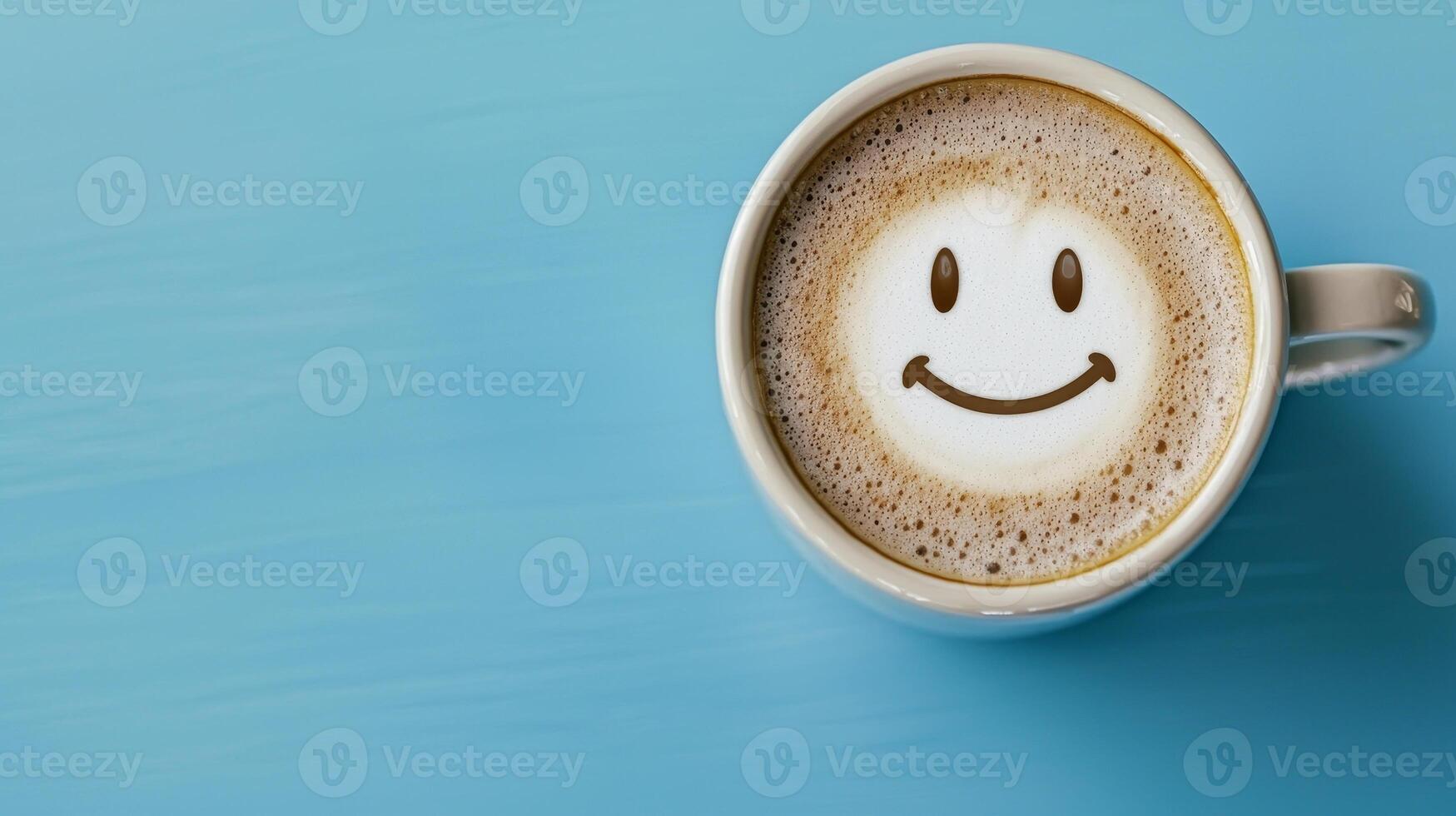 A cozy coffee cup with a smiley face design on the frothy surface, resting on a blue table. photo