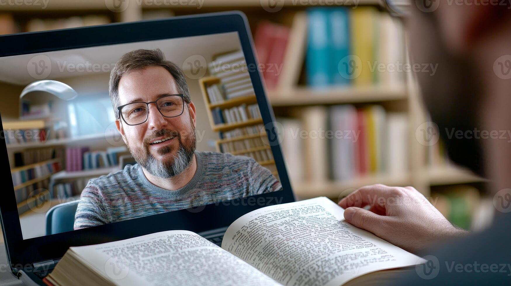 A person is engaged in a call, smiling and reading from a book, with shelves of books visible in the background. photo