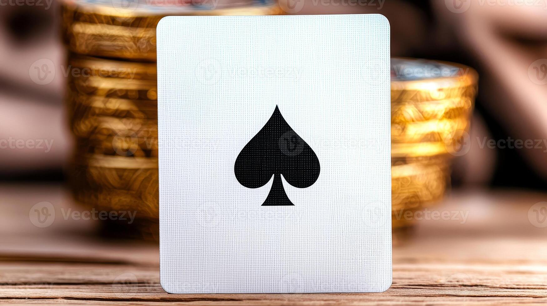 A close-up of a playing card featuring a black spade symbol, set against a background of stacked poker chips. photo