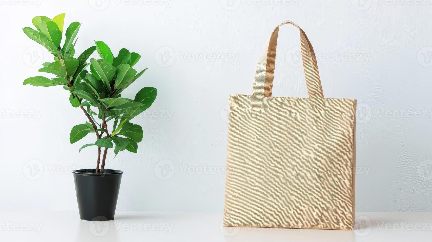 A natural setting featuring a woven bag next to a potted plant, creating a fresh and eco-friendly aesthetic. photo