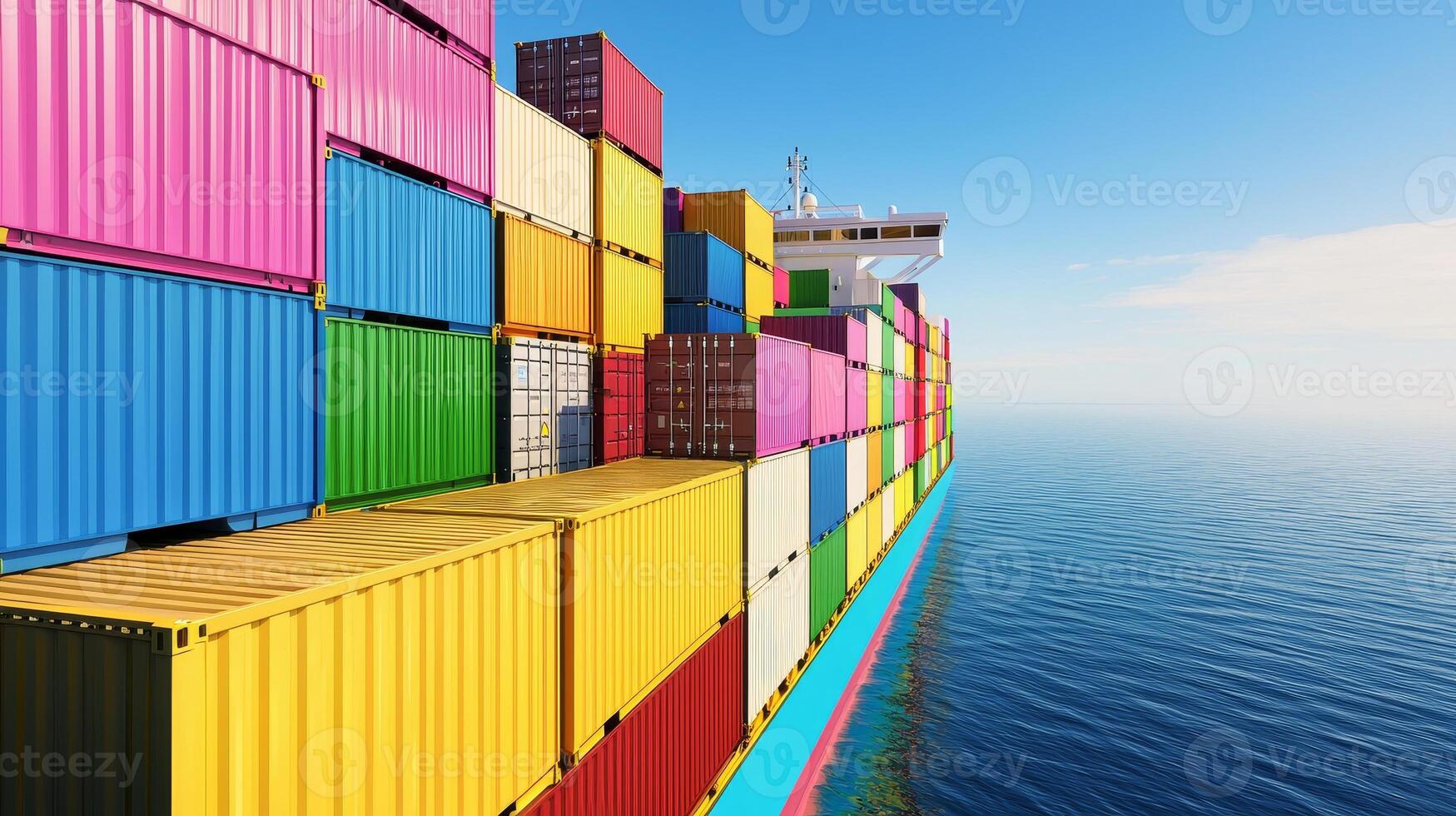 A colorful cargo ship filled with stacked containers is sailing on calm waters under a clear blue sky. photo