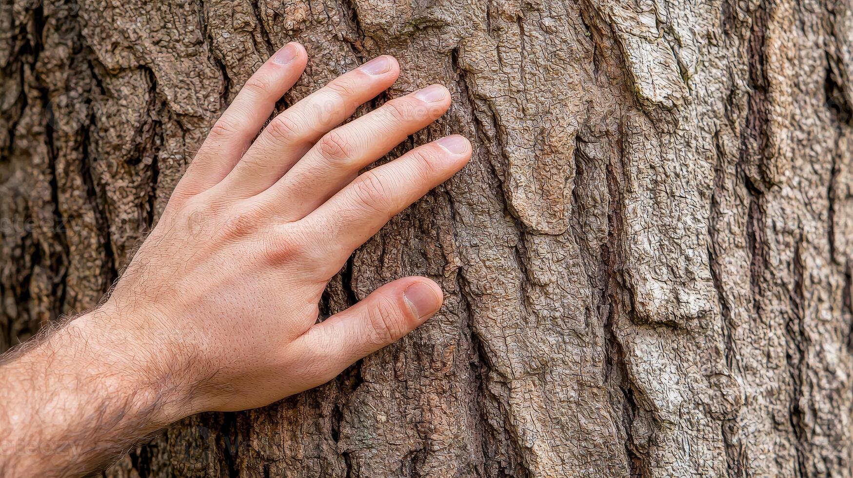 A hand gently touches the rough bark of a tree, highlighting the connection between humans and nature. photo