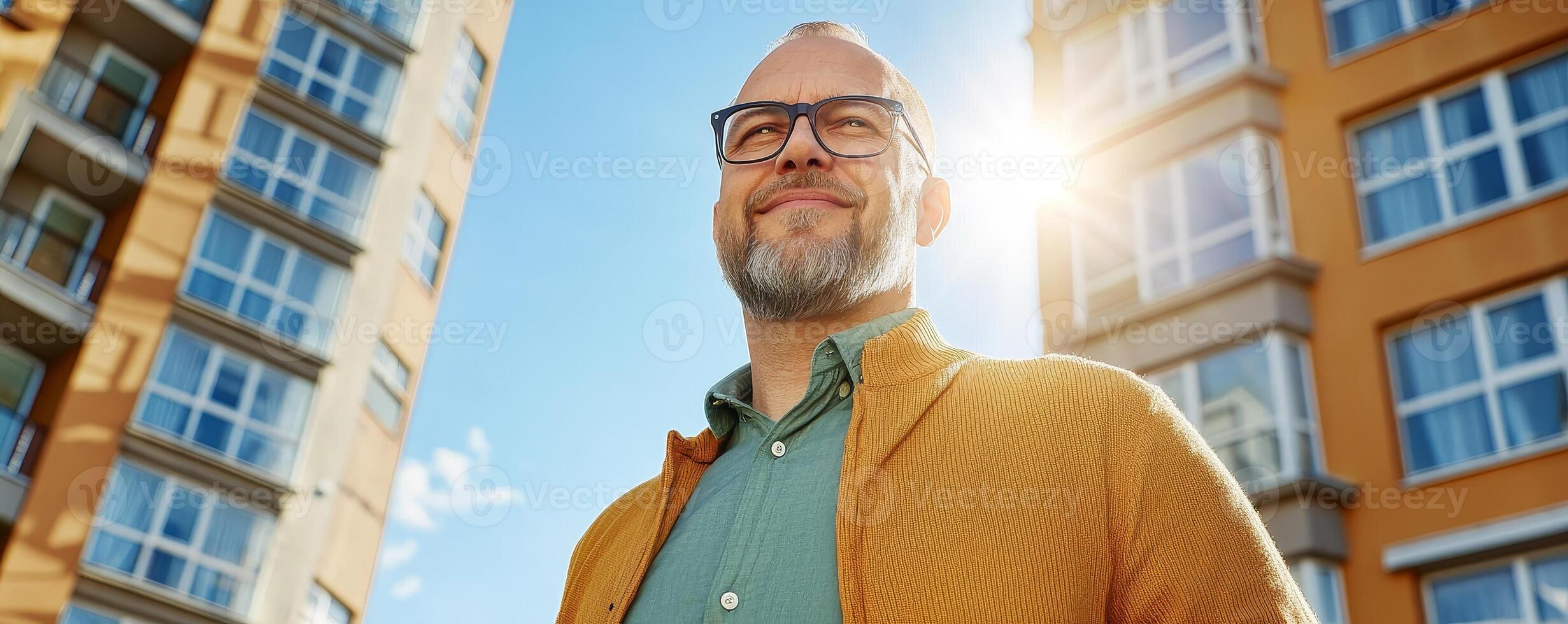 A smiling man stands outdoors in front of modern buildings, illuminated by sunlight, wearing glasses and a stylish cardigan. photo