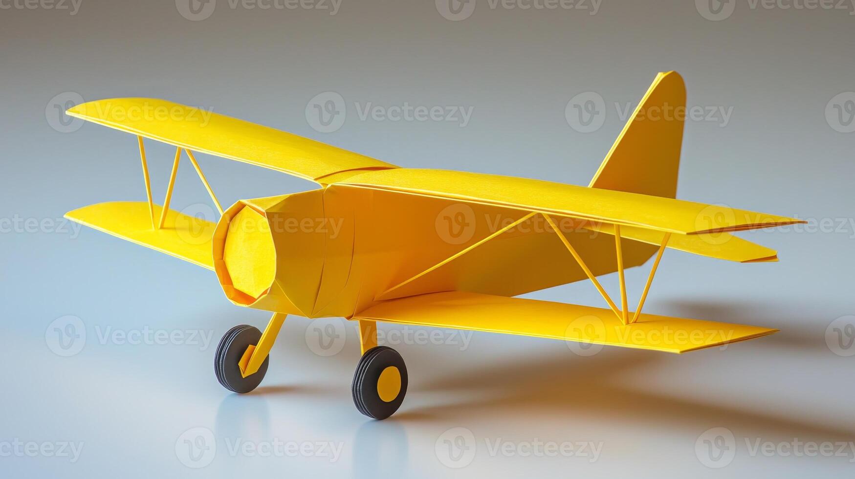 A vibrant yellow model airplane displayed against a neutral background, showcasing its detailed design and craftsmanship. photo