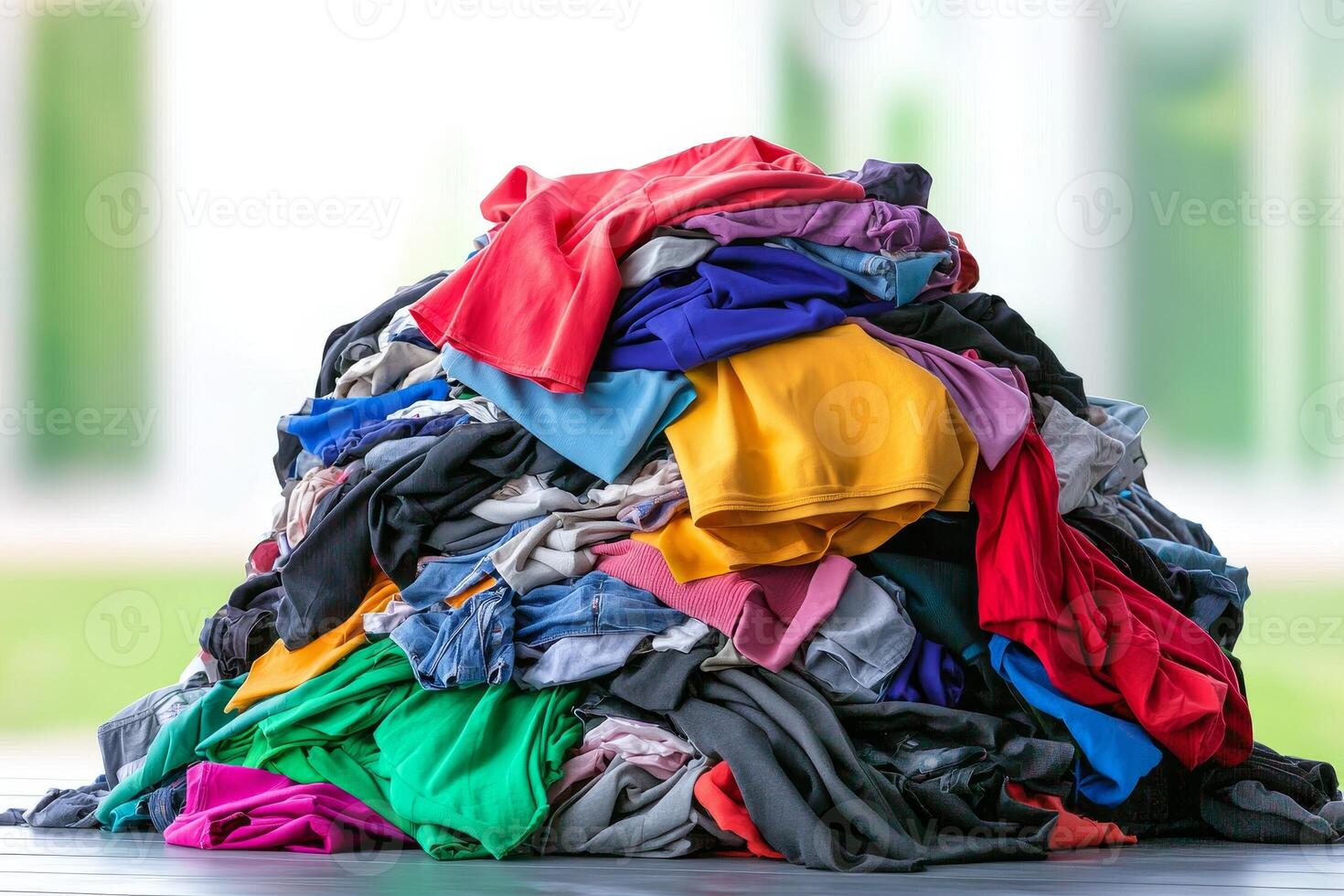 A colorful pile of assorted clothing items, showcasing various textures and styles, set against a blurred background. photo