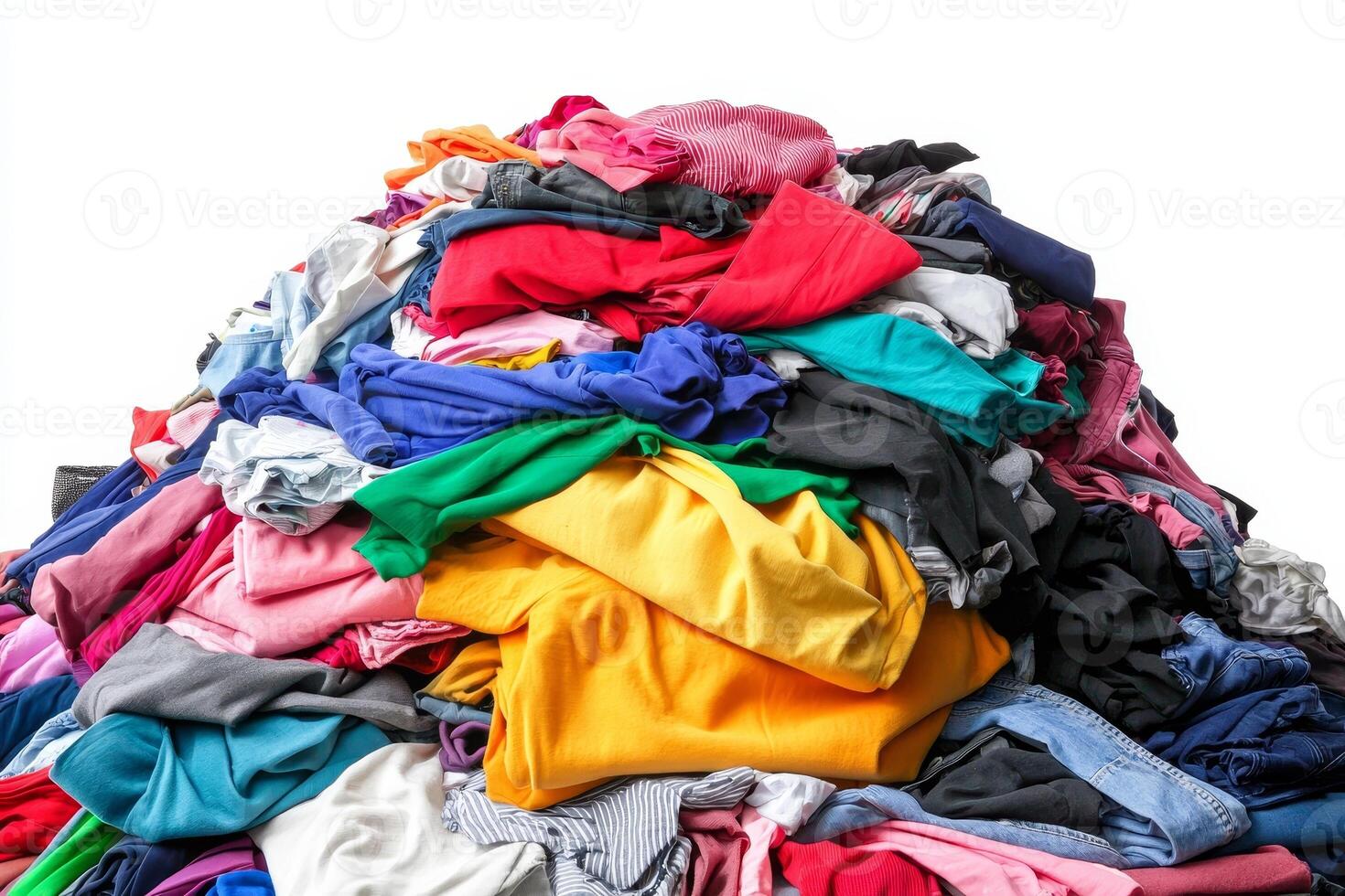 A colorful pile of assorted clothing items, showcasing various fabrics and colors in a disordered fashion. photo