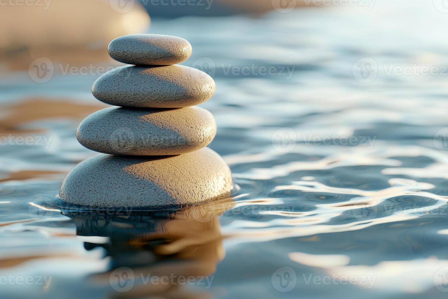 Tranquil stacked stones emerge from calm water, symbolizing balance and relaxation in a serene environment. photo