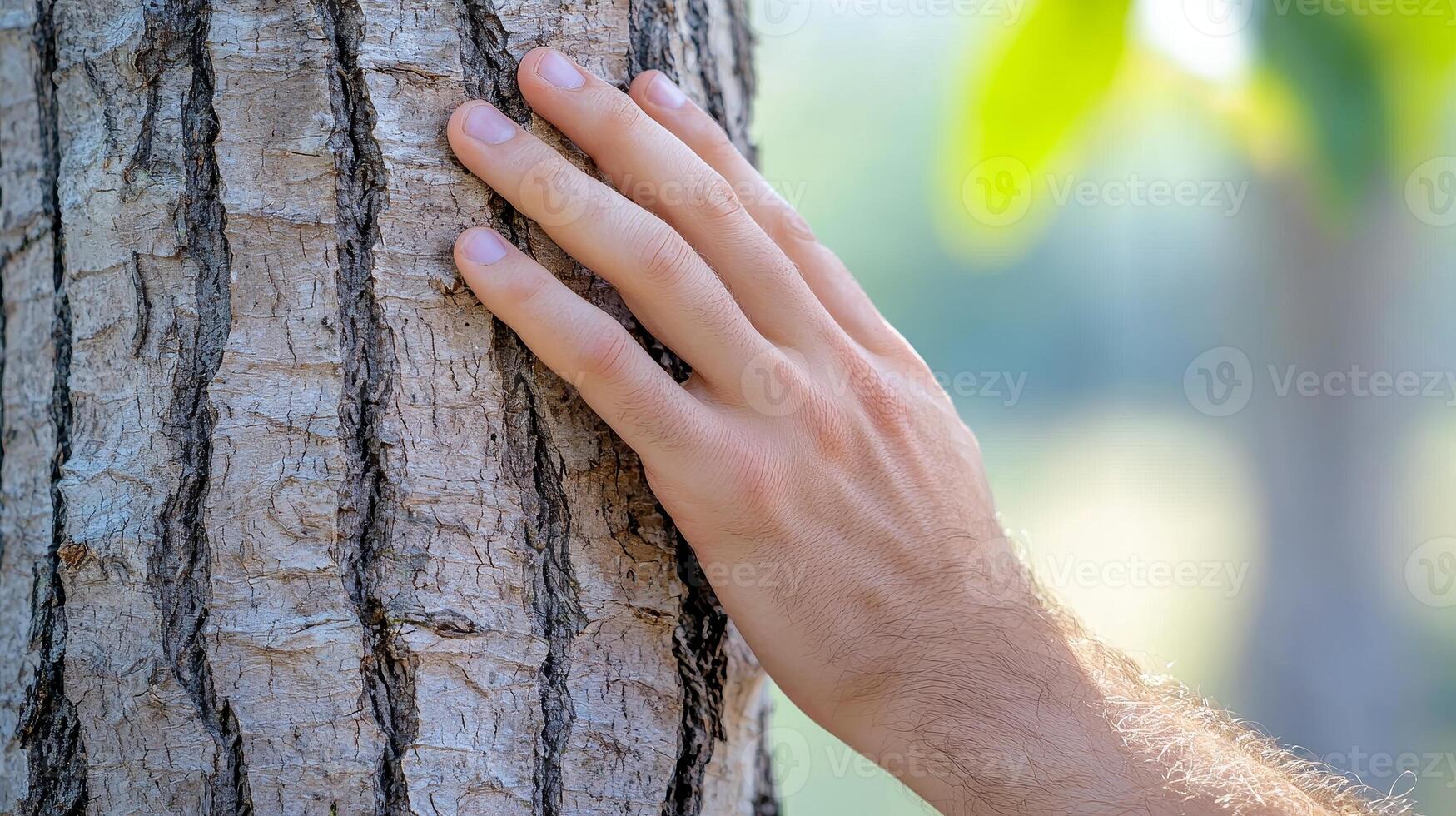A hand gently touches the textured bark of a tree, symbolizing a connection with nature and the environment. photo