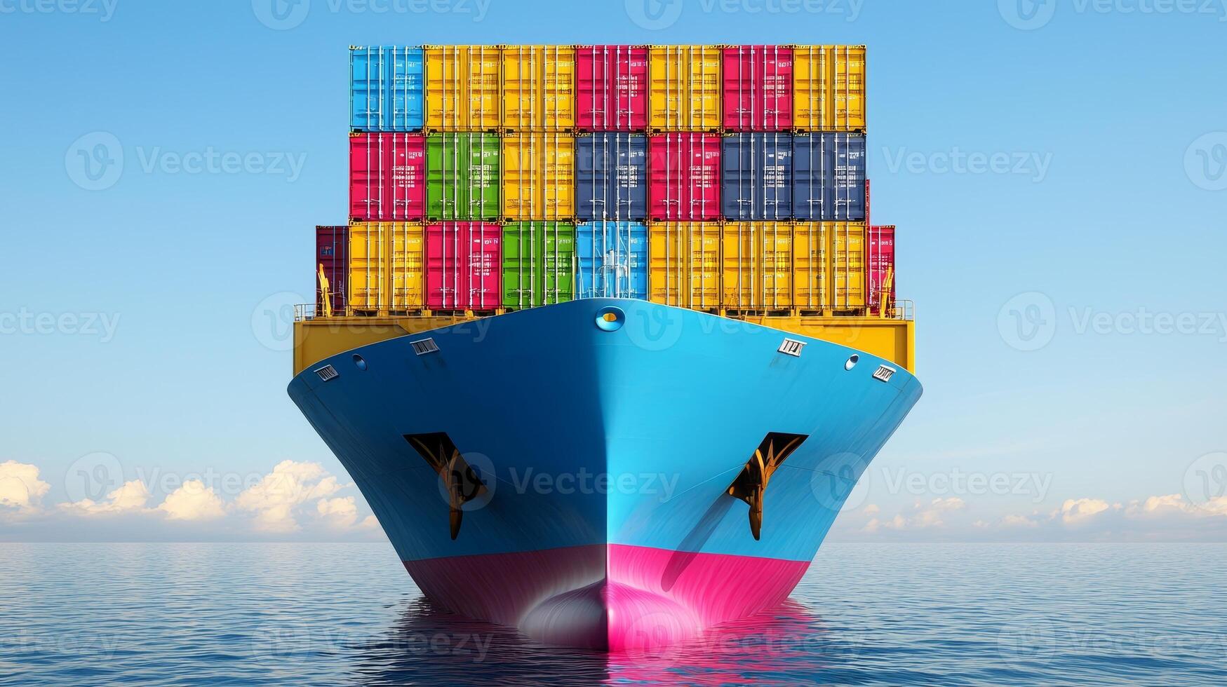 A vibrant cargo ship loaded with colorful containers sails across calm waters under a clear blue sky. photo