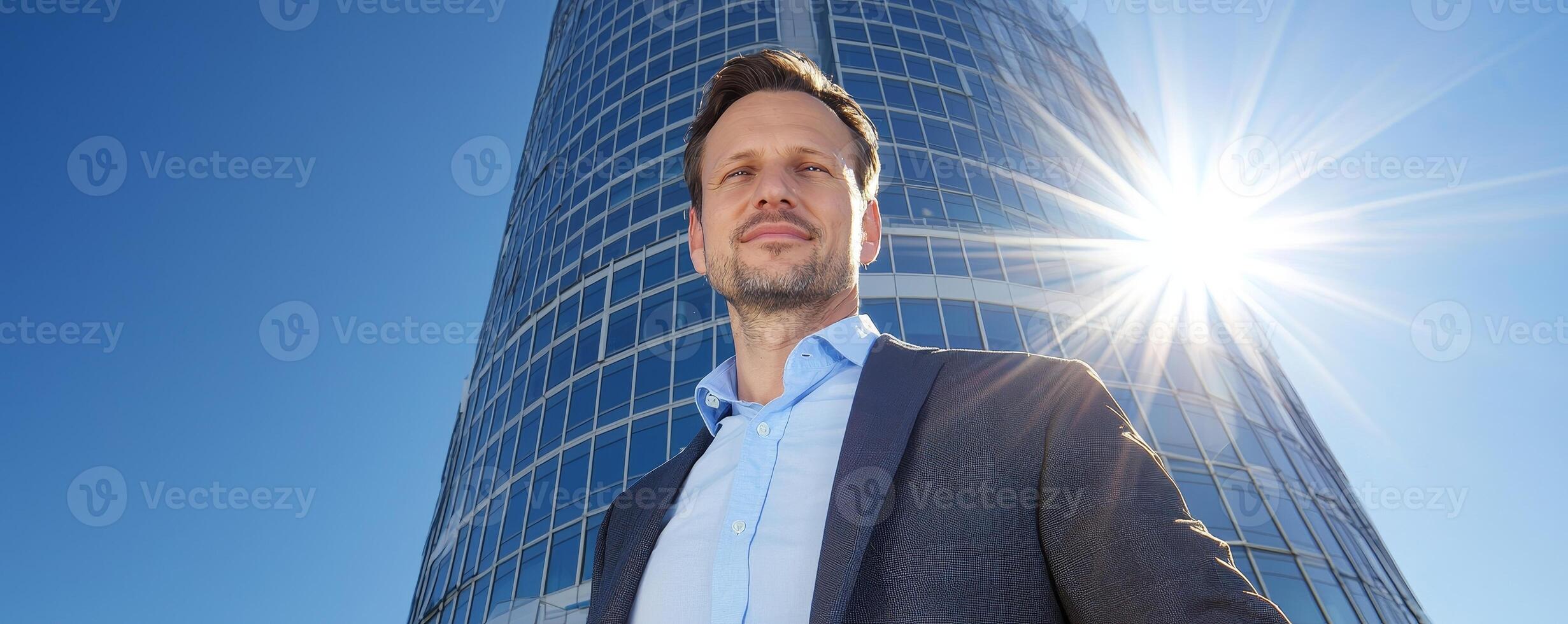 A confident man stands in front of a modern skyscraper, illuminated by sunlight, exuding professionalism and determination. photo